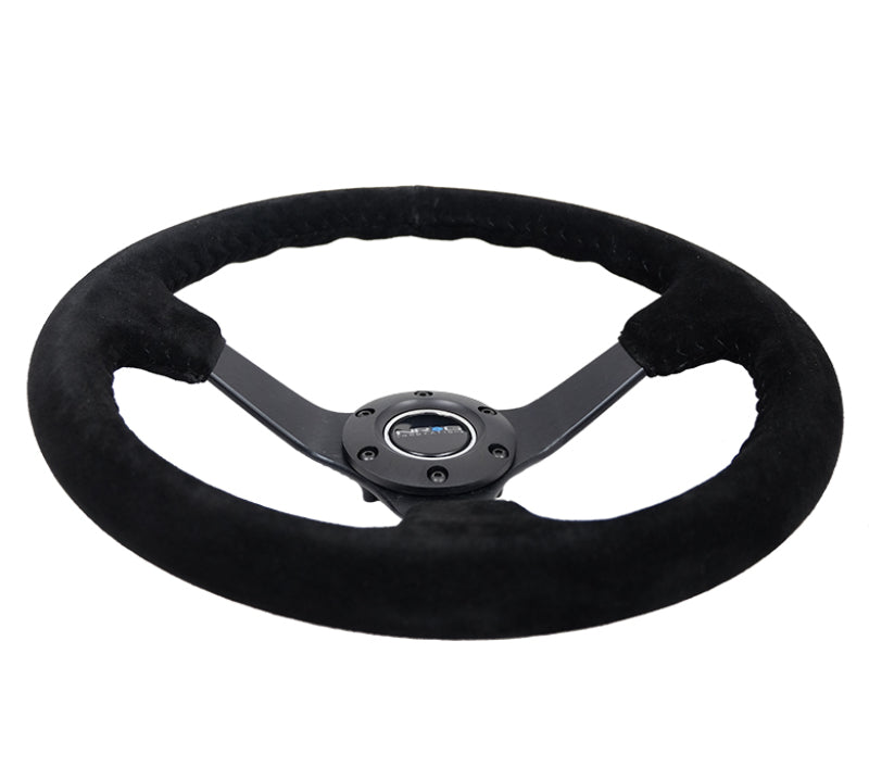 NRG Reinforced Steering Wheel (350mm / 3in. Deep) Blk Suede/Blk Bball Stitch w/5mm Matte Black Spoke RST-036MB-S-BK