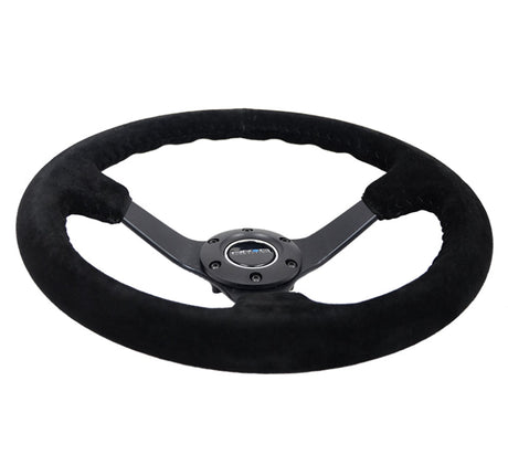 NRG Reinforced Steering Wheel (350mm / 3in. Deep) Blk Suede/Blk Bball Stitch w/5mm Matte Black Spoke RST-036MB-S-BK