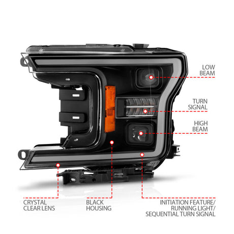 ANZO 18-20 Ford F-150 (w/o Fctry LED) Full LED Proj Headlights w/Light Bar Swtchbk Seq. Black w/Init 111570