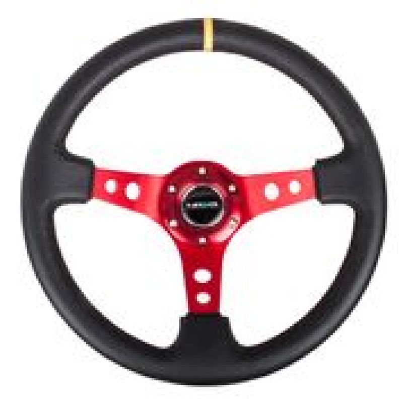 NRG Reinforced Steering Wheel (350mm / 3in. Deep) Blk Leather w/Red Spokes & Sgl Yellow Center Mark RST-006RD-Y
