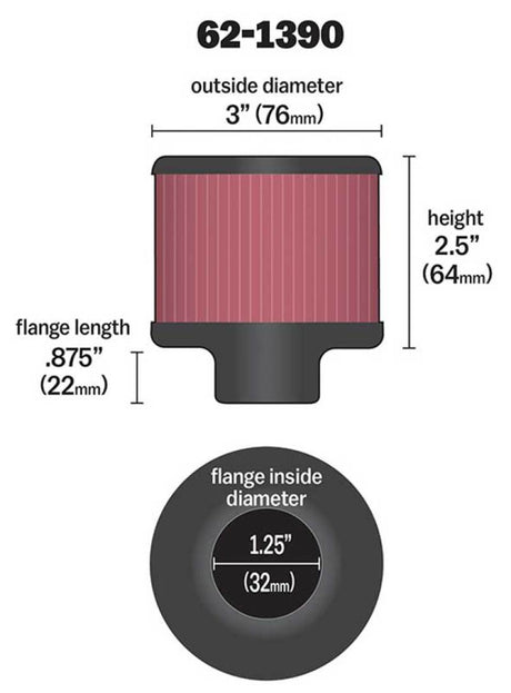 K&N 1.25in Flange ID x 3in OD x 2.5in H Rubber Base Crankcase Vent Filter 62-1390