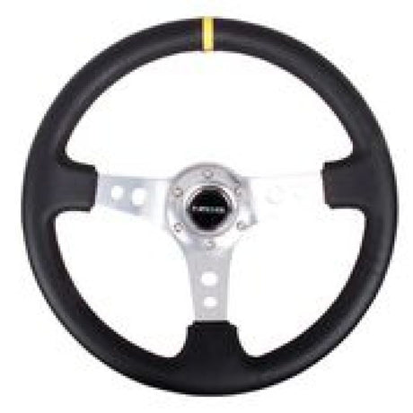 NRG Reinforced Steering Wheel (350mm / 3in. Deep) Blk Leather w/Circle Cut Spokes & Single Yellow CM RST-006SL-Y