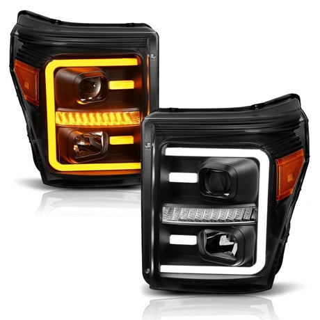 ANZO 2011-2016 Ford F250 Projector Headlights w/ Plank Style Switchback Black w/ Amber 111406