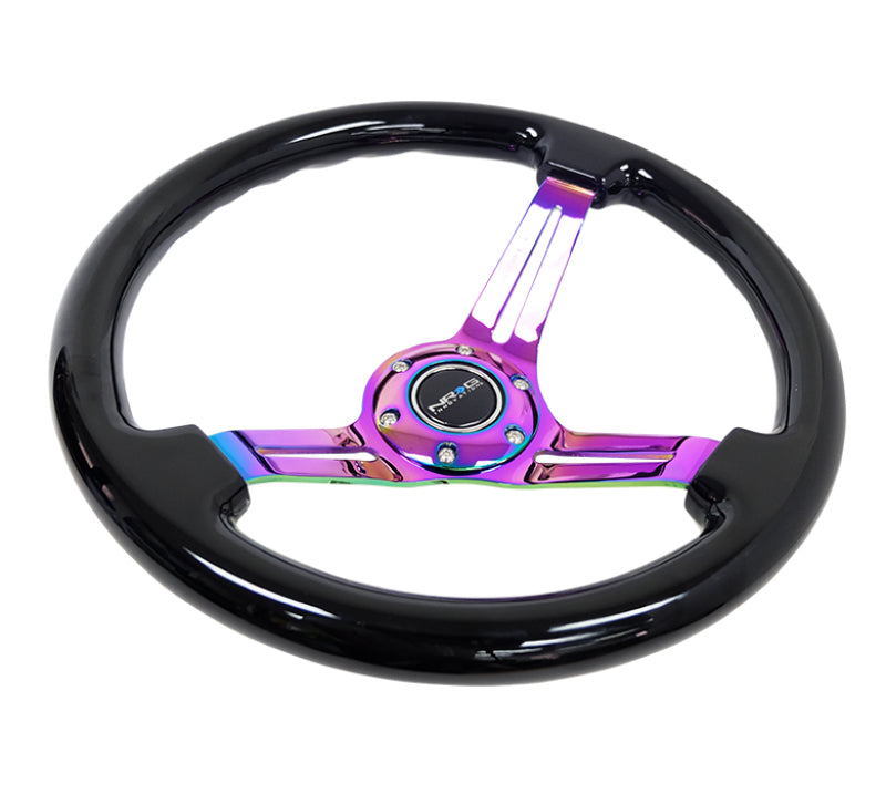 NRG Reinforced Steering Wheel (350mm / 3in. Deep) Blk Wood w/Blk Matte Spoke/Neochrome Center Mark RST-018BK-MC