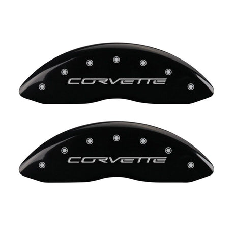 MGP 4 Caliper Covers Engraved Front & Rear C6/Corvette Black finish silver ch 13008SCV6BK