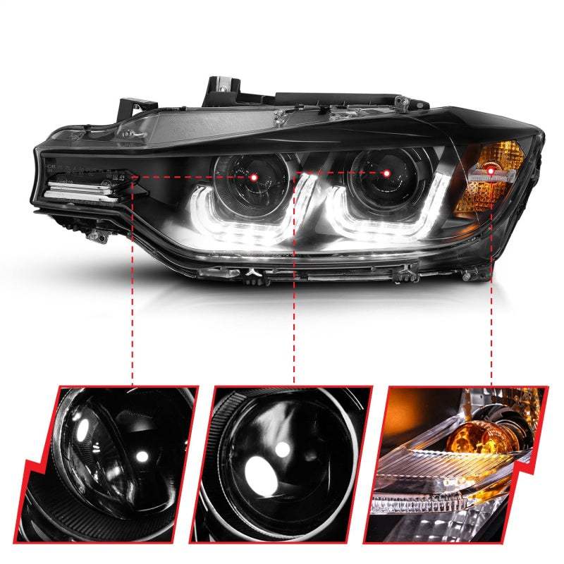 ANZO 2012-2015 BMW 3 Series Projector Headlights w/ U-Bar Black 121504