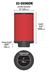 AEM Aif Filter, 3inFLG/ 5inOD/ 6-1/2inH Dry Flow 21-2036DK
