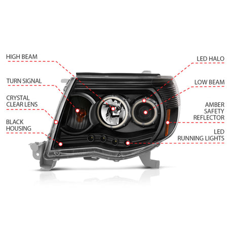 ANZO 2005-2011 Toyota Tacoma Projector Headlights w/ Halo Black 121282