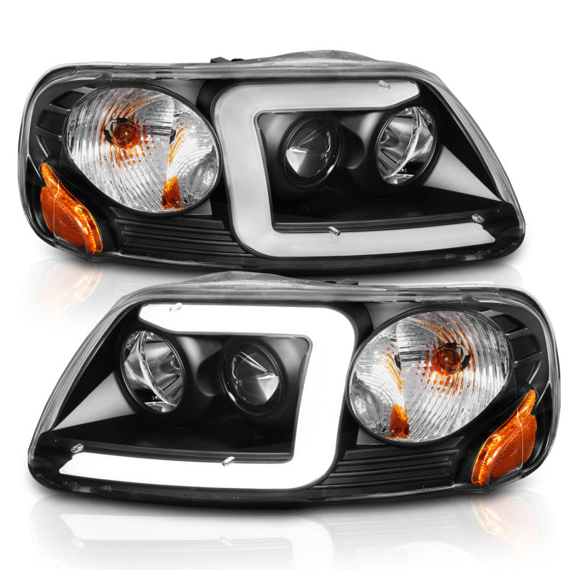 ANZO 1997-2003 Ford F-150 Projector Headlights w/ Light Bar Black Housing 111503