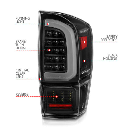 ANZO 16-21 Toyota Tacoma LED Tail Lights - w/ Light Bar Sequential Black Housing & Clear Lens 311400