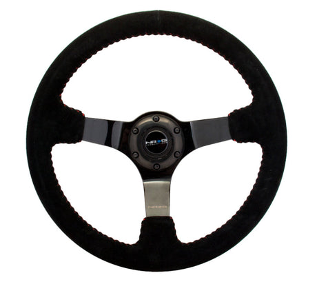 NRG Reinforced Steering Wheel (350mm / 3in. Deep) Blk Suede w/Red BBall Stitch & Black 3-Spoke RST-036BK-S