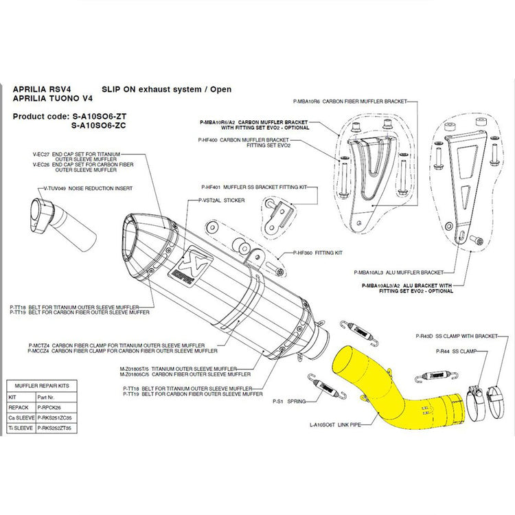 AKRAPOVIC Titanium Link Pipe Aprilia RSV4 09-16, Tuono V4 R 11-16 Slip-on Muffler (removes Akrapovic Katalyzer) V4 L-A10SO6T  1860-1897