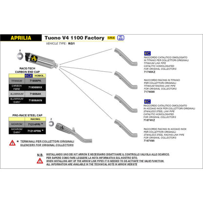 Arrow Aprilia Tuono 1100 V4 Factory '19/20 Homologated Catalytic Titanium Link Pipe 71746kz