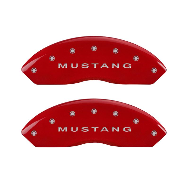 MGP 4 Caliper Covers Engraved Front Mustang Engraved Rear Bar & Pony Red finish silver ch 10198SMBPRD