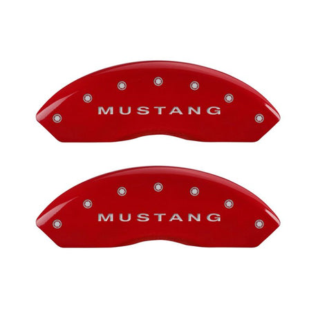 MGP 4 Caliper Covers Engraved Front Mustang Engraved Rear Bar & Pony Red finish silver ch 10198SMBPRD