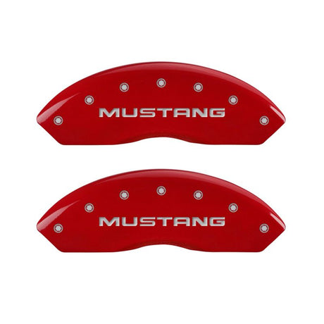 MGP 4 Caliper Covers Engraved Front Mustang Engraved Rear Pony Red finish silver ch 10095SMPYRD