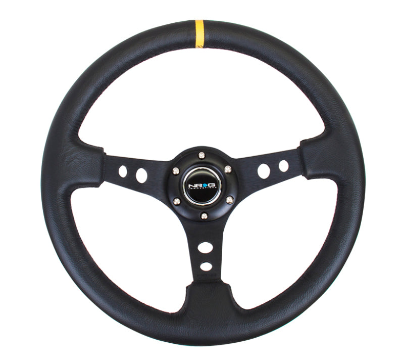 NRG Reinforced Steering Wheel (350mm / 3in. Deep) Blk Leather w/Blk Cutout Spoke/Yellow Center Mark RST-006BK-Y