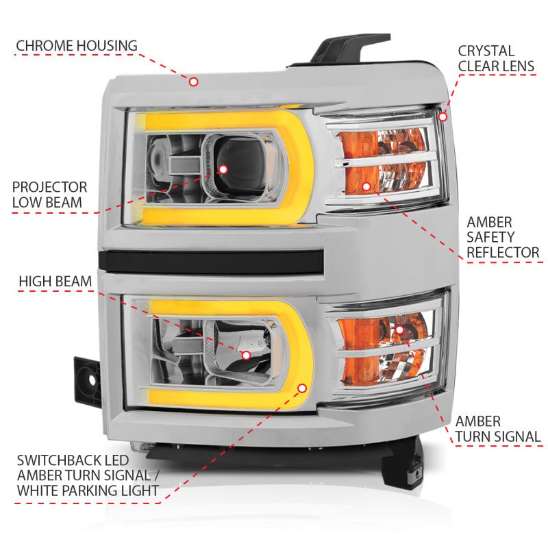 ANZO 14-15 Chevrolet Silverado 1500 Projector Headlights w/ Plank Style Switchback Chrome w/ Amber 111413