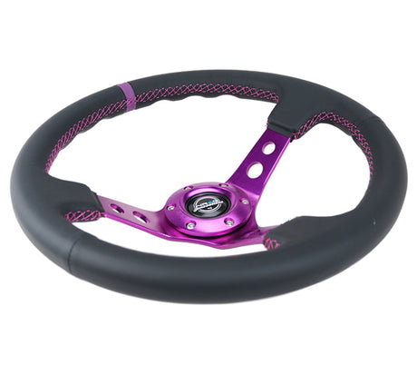 NRG Reinforced Steering Wheel (350mm / 3in. Deep) Black Leather w/Purple Center & Purple Stitching RST-006PP