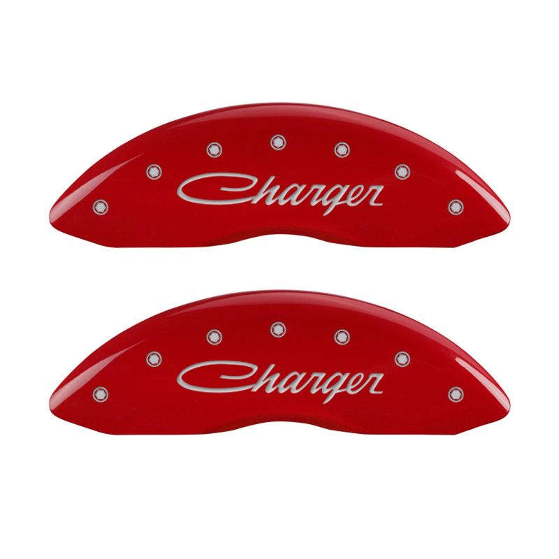 MGP 4 Caliper Covers Engraved Front & Rear Cursive/Charger Red finish silver ch 12181SCHSRD