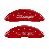 MGP 4 Caliper Covers Engraved Front & Rear Cursive/Charger Red finish silver ch 12181SCHSRD