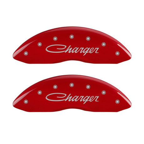 MGP 4 Caliper Covers Engraved Front & Rear Cursive/Charger Red finish silver ch 12181SCHSRD