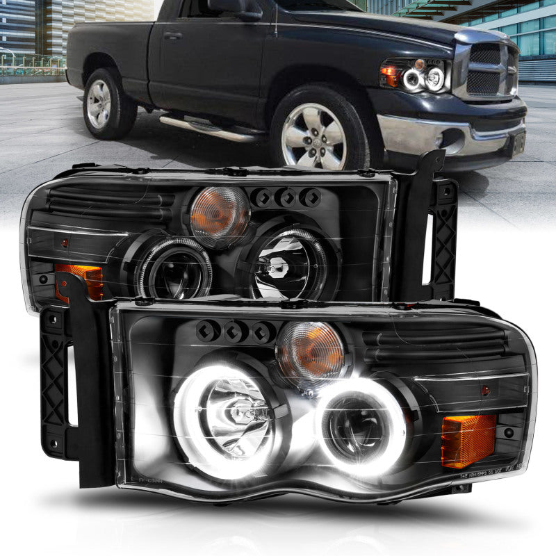 ANZO 2002-2005 Dodge Ram 1500 Projector Headlights w/ Halo Black Clear Amber 111490