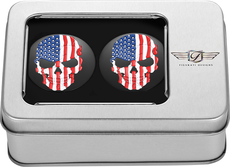 FIGURATI DESIGNS Swing Arm Covers - Red/White/Blue Flag Skull - Custom - Black FD25-AFSKULL-BK