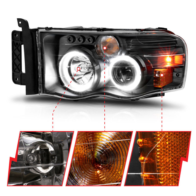 ANZO 2002-2005 Dodge Ram 1500 Projector Headlights w/ Halo Black Clear Amber 111490