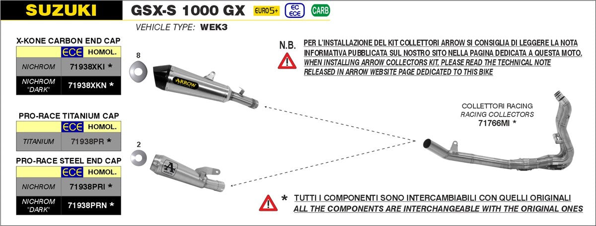 Arrow Suzuki Gsx-S 1000 '21/22 Racing Colector de acero inoxidable no catalizado 71766mi