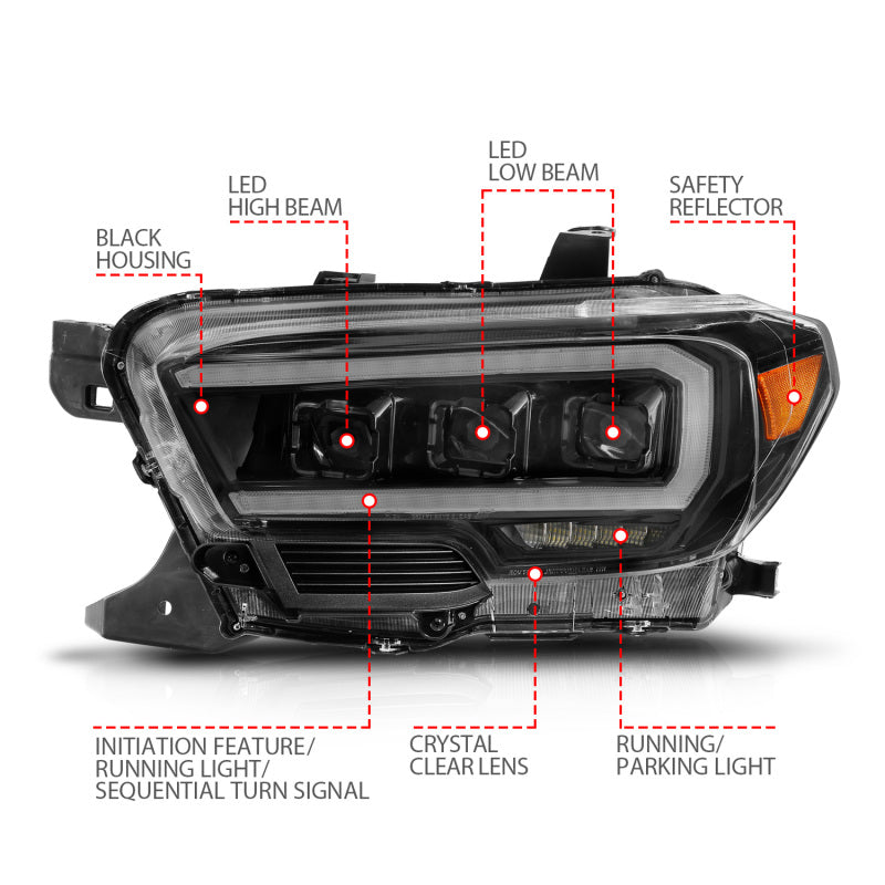 ANZO 16-22 Toyota Tacoma LED Projector Headlights w/ Light Bar Sequential Black Housing w/Initiation 111563