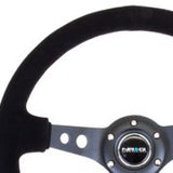 NRG Reinforced Steering Wheel (350mm / 3in. Deep) Blk Suede/Blk Stitch w/Black Circle Cutout Spokes RST-006-S
