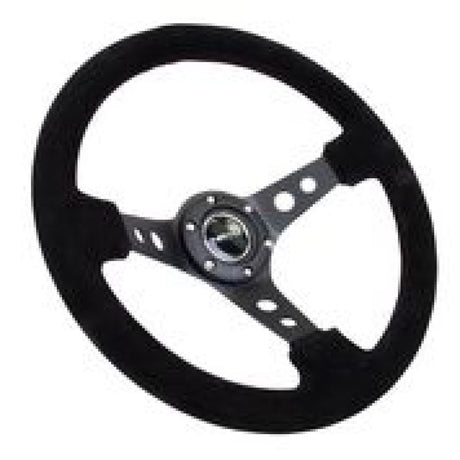 NRG Reinforced Steering Wheel (350mm / 3in. Deep) Blk Suede/Blk Stitch w/Black Circle Cutout Spokes RST-006-S