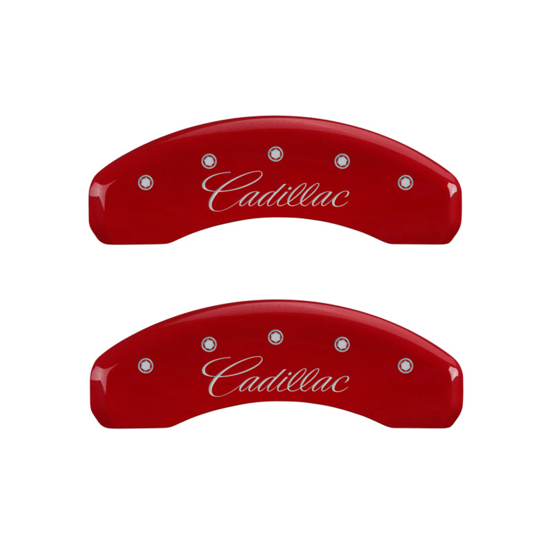 MGP 4 Caliper Covers Engraved Front & Rear Cursive/Cadillac Red finish silver ch 35015SCADRD