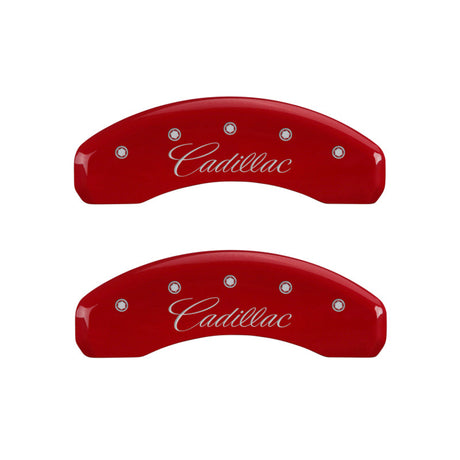 MGP 4 Caliper Covers Engraved Front & Rear Cursive/Cadillac Red finish silver ch 35015SCADRD