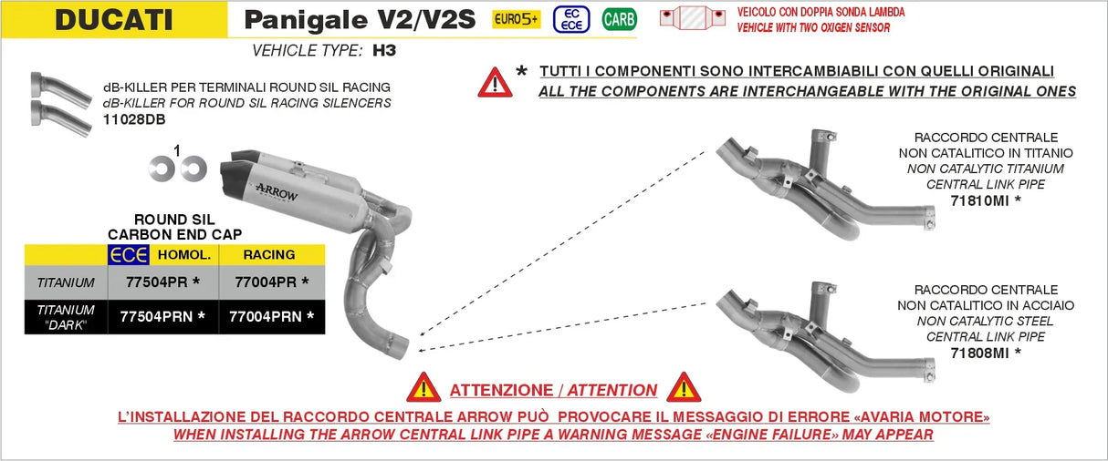 Arrow  Ducati Panigale V2/V2s E5+ 2025 Rh/Lh Round Sil Titanium Silencers + Stainless Steel Link Pipe 77504pr