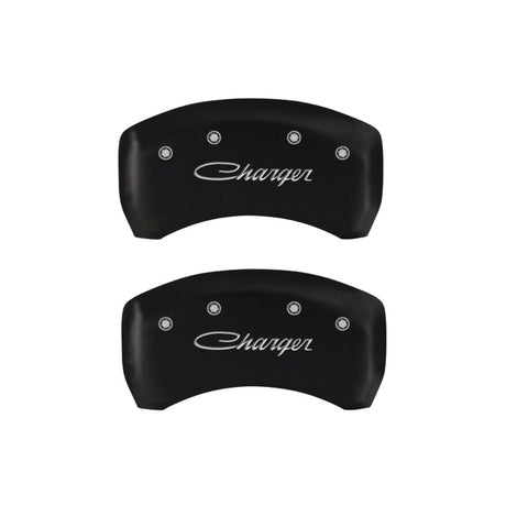 MGP 4 Caliper Covers Engraved Front & Rear Cursive/Charger Red finish silver ch 12181SCHSRD
