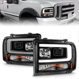 ANZO 99-04 Ford F250/F350/F450/Excursion (excl 99) Projector Headlights - w/ Light Bar Black Housing 111551
