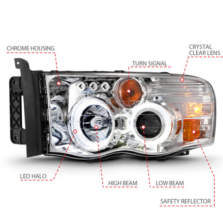 ANZO 2002-2005 Dodge Ram 1500 Projector Headlights w/ Halo Chrome Clear Amber 111491