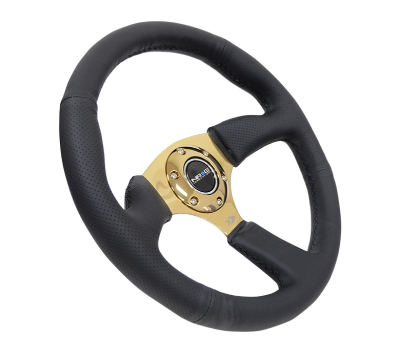NRG Reinforced Steering Wheel (350mm / 2.5in. Deep) Leather Race Comfort Grip w/4mm Gold Spokes RST-023GD-R