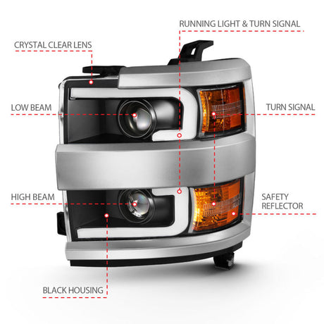 ANZO 2015-2016 Chevrolet Silverado Projector Headlights w/ Plank Style Design Black w/ Amber 111359