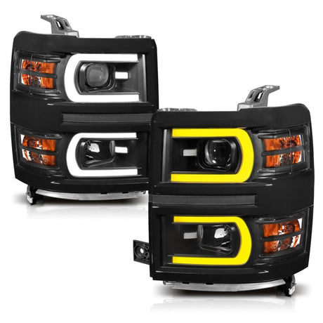 ANZO 14-15 Chevrolet Silverado 1500 Projector Headlights w/ Plank Style Switchback Black w/ Amber 111412