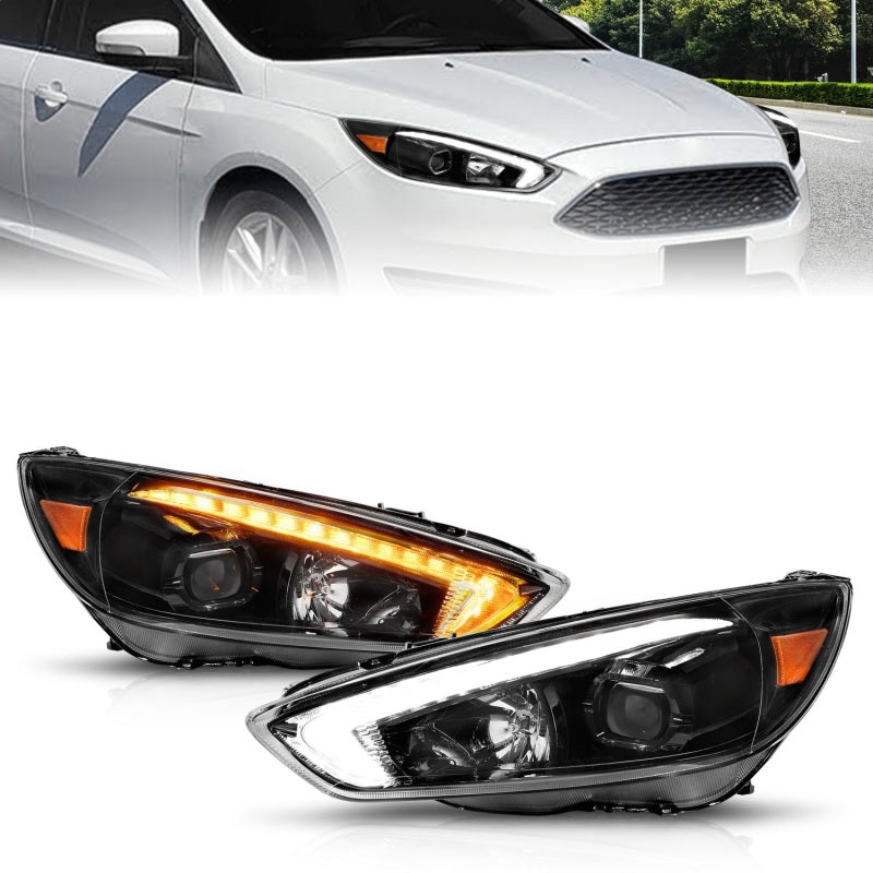 ANZO 15-18 Ford Focus Projector Headlights - w/ Light Bar Switchback Black Housing 121564