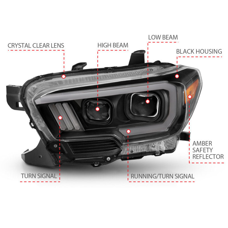 ANZO 2016-2017 Toyota Tacoma Projector Headlights w/ Plank Style Switchback Black w/ Amber w/ DRL 111397