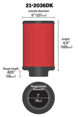 AEM Aif Filter, 3inFLG/ 5inOD/ 6-1/2inH Dry Flow 21-2036DK