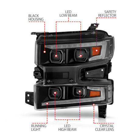 ANZO 19-22 Chevrolet Silverado 1500 LED Proj HL w/Lgt Bar SwBk Seq. Blk w/In. Light - Passenger Side 111566-R