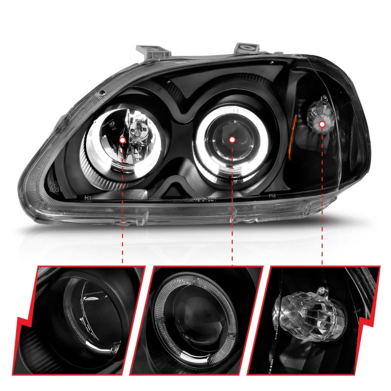 ANZO 1996-1998 Honda Civic Projector Headlights w/ Halo Black 121068