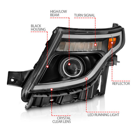 ANZO 11-15 Ford Explorer (w/Factory Halogen HL Only) Projector Headlights w/Light Bar Black Housing 111575