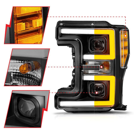 ANZO 17-19 Ford F-250/350/450 SD (w/o Factory LED) LED Proj Headlights w/Light Bar Switchback Blk 111577