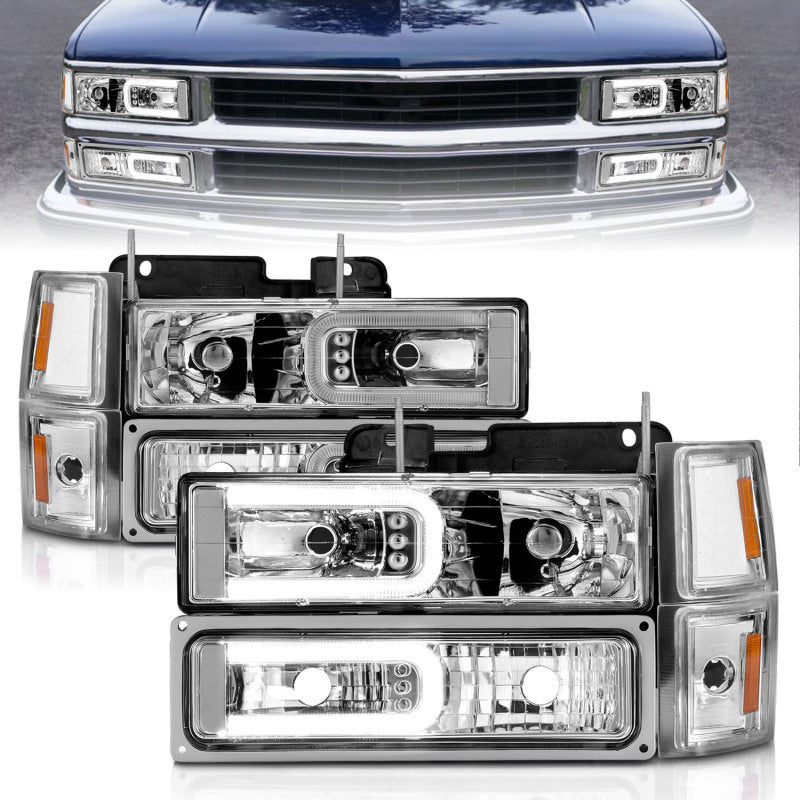 ANZO 88-98 Chevrolet C1500 Crystal Headlights w/Light Bar Chrome Housing w/ Signal Side Markers 8Pcs 111529